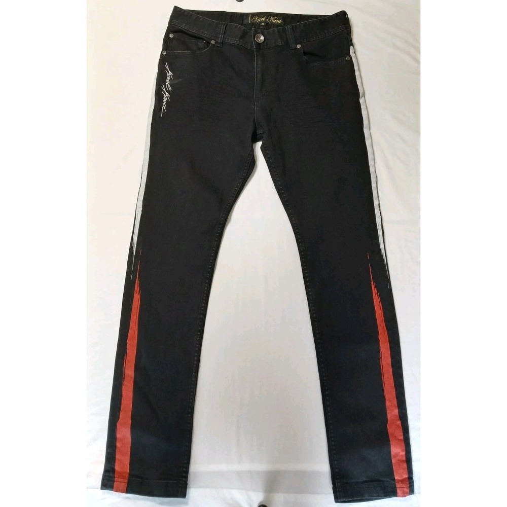 Karl Kani Jeans Men's Black Cotton‎ Blend Sideline Painted Slim Stretch 36 X 32